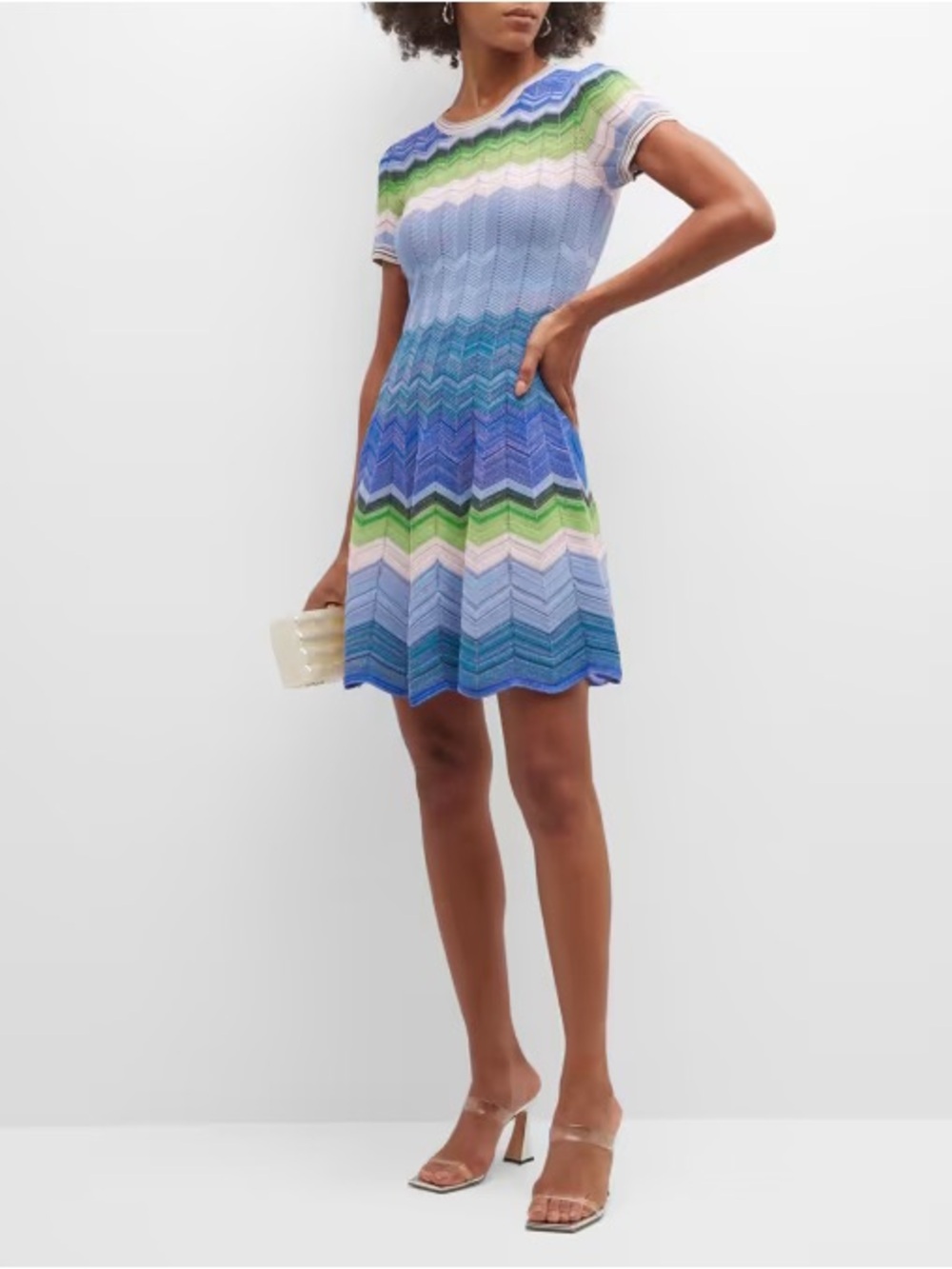 Milly Scalloped Shimmer Chevron Knit Mini Dress in Blue, Green & Cream